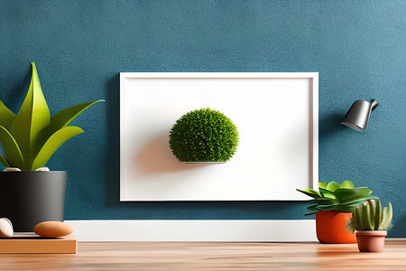 Modern room decoration with picture frame mockup. White shelf against multi color wall with pottery and succulent plantの素材