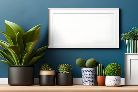 Modern room decoration with picture frame mockup. White shelf against multi color wall with pottery and succulent plantの素材
