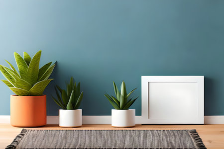 Modern room decoration with picture frame mockup. White shelf against multi color wall with pottery and succulent plantの素材