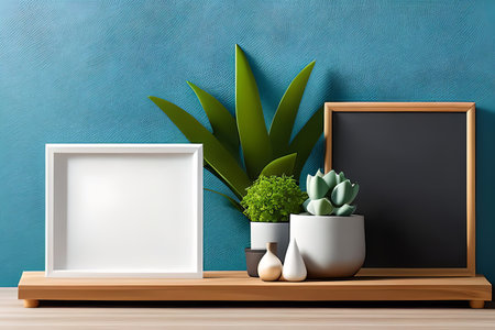 Modern room decoration with picture frame mockup. White shelf against multi color wall with pottery and succulent plantの素材