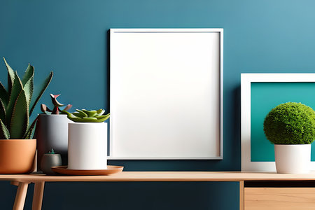 Modern room decoration with picture frame mockup. White shelf against multi color wall with pottery and succulent plantの素材