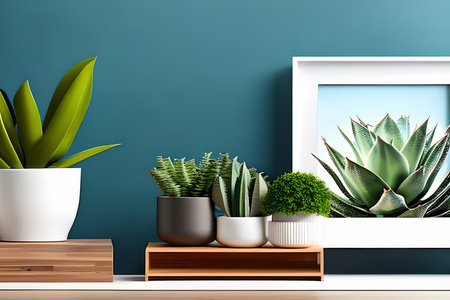 Modern room decoration with picture frame mockup. White shelf against multi color wall with pottery and succulent plantの素材