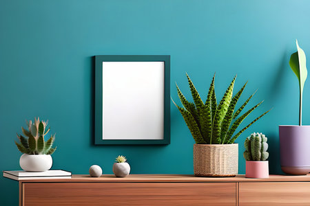 Modern room decoration with picture frame mockup. White shelf against multi color wall with pottery and succulent plantの素材