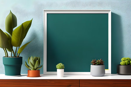 Modern room decoration with picture frame mockup. White shelf against multi color wall with pottery and succulent plantの素材