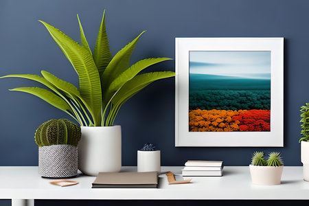 Modern room decoration with picture frame mockup. White shelf against multi color wall with pottery and succulent plantの素材
