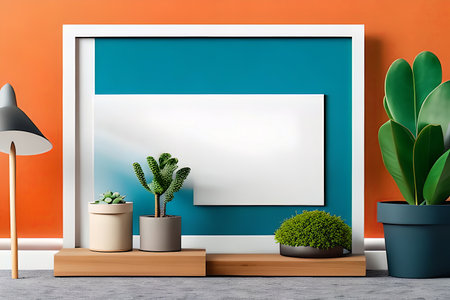 Modern room decoration with picture frame mockup. White shelf against multi color wall with pottery and succulent plantの素材