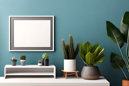 Modern room decoration with picture frame mockup. White shelf against multi color wall with pottery and succulent plantの素材
