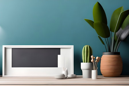 Modern room decoration with picture frame mockup. White shelf against multi color wall with pottery and succulent plantの素材