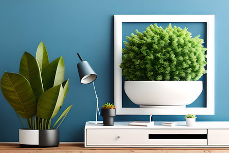 Modern room decoration with picture frame mockup. White shelf against multi color wall with pottery and succulent plantの素材