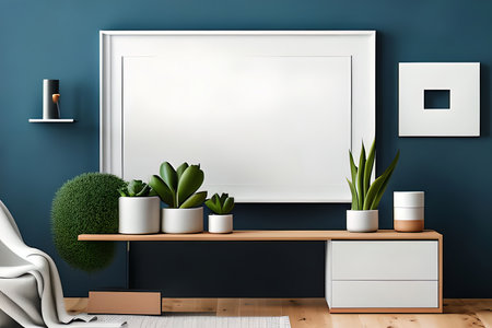 Modern room decoration with picture frame mockup. White shelf against multi color wall with pottery and succulent plantの素材