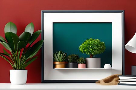 Modern room decoration with picture frame mockup. White shelf against multi color wall with pottery and succulent plantの素材