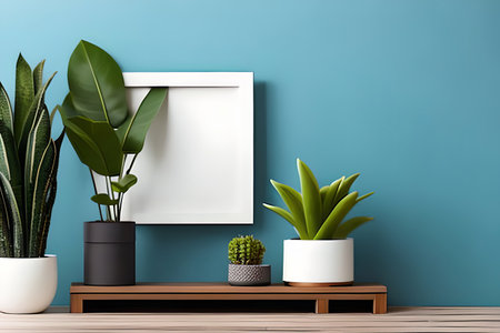 Modern room decoration with picture frame mockup. White shelf against multi color wall with pottery and succulent plantの素材
