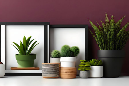 Modern room decoration with picture frame mockup. White shelf against multi color wall with pottery and succulent plantの素材