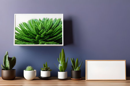 Modern room decoration with picture frame mockup. White shelf against multi color wall with pottery and succulent plantの素材