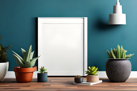 Modern room decoration with picture frame mockup. White shelf against multi color wall with pottery and succulent plantの素材