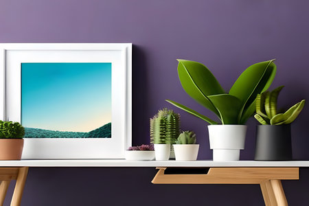 Modern room decoration with picture frame mockup. White shelf against multi color wall with pottery and succulent plantの素材