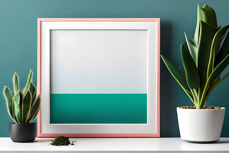 Modern room decoration with picture frame mockup. White shelf against multi color wall with pottery and succulent plantの素材