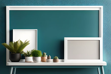 Modern room decoration with picture frame mockup. White shelf against multi color wall with pottery and succulent plantの素材