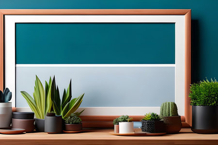 Modern room decoration with picture frame mockup. White shelf against multi color wall with pottery and succulent plantの素材