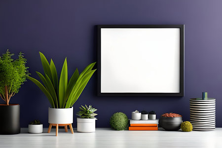 Modern room decoration with picture frame mockup. White shelf against multi color wall with pottery and succulent plantの素材