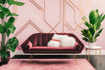 A Crimson Couch Coffee Table Potted Plant Vertical Blank Posterの素材