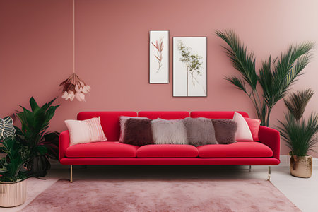 A Crimson Couch Coffee Table Potted Plant Vertical Blank Posterの素材