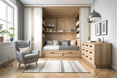Cute children's room with house shaped shelves and crib. Interior designの素材