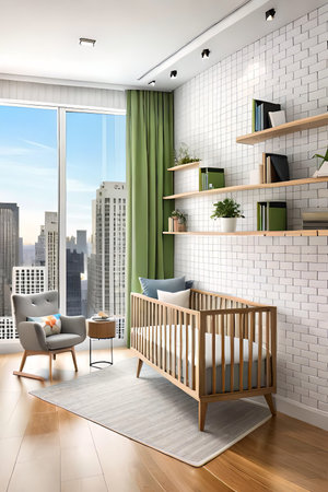 Cute children's room with house shaped shelves and crib. Interior designの素材