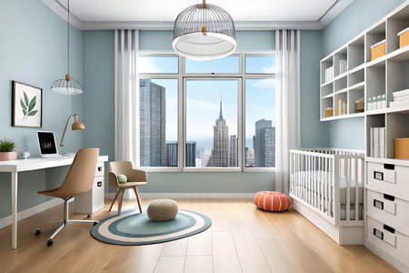 Cute children's room with house shaped shelves and crib. Interior designの素材