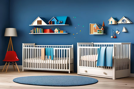 Cute children's room with house shaped shelves and crib. Interior designの素材