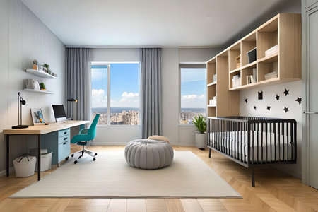 Cute children's room with house shaped shelves and crib. Interior designの素材