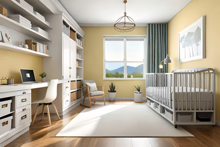 Cute children's room with house shaped shelves and crib. Interior designの素材