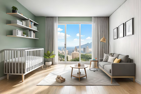 Cute children's room with house shaped shelves and crib. Interior designの素材