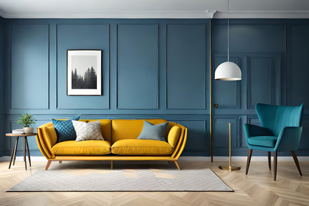 Modern interior, bright yellow chair in a living room with a blue wall and a lampの素材
