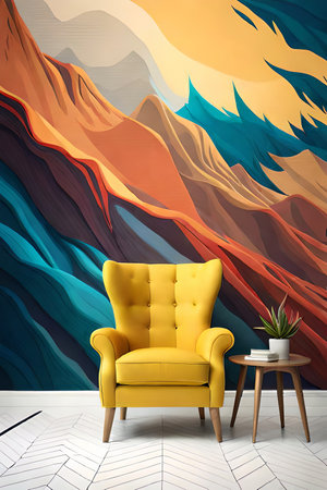 Modern interior, bright yellow chair in a living room with a blue wall and a lampの素材