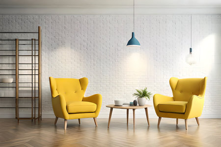 Modern interior, bright yellow chair in a living room with a blue wall and a lampの素材
