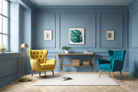 Modern interior, bright yellow chair in a living room with a blue wall and a lampの素材