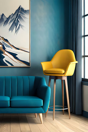 Modern interior, bright yellow chair in a living room with a blue wall and a lampの素材