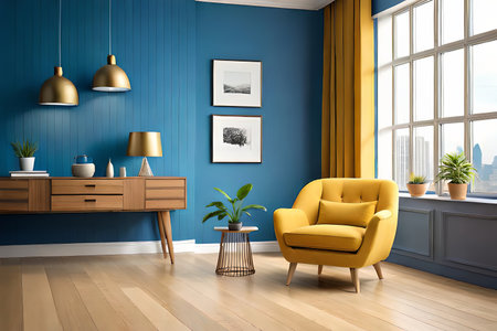 Modern interior, bright yellow chair in a living room with a blue wall and a lampの素材