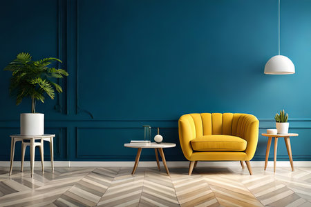 Modern interior, bright yellow chair in a living room with a blue wall and a lampの素材