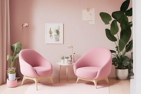 Stylish Armchair and Diffrent Potted Plants, Big Window, Minimalist Interior Designの素材