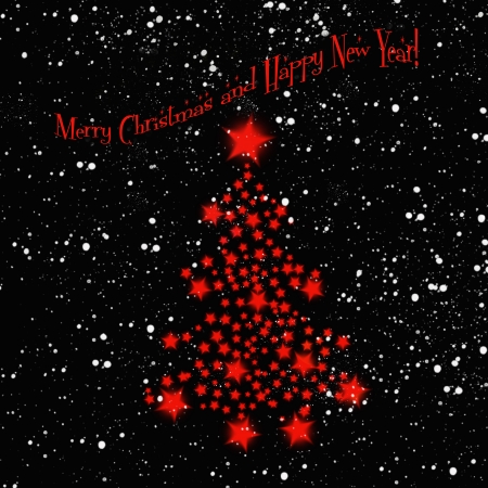 Abstract wallpaper featuring a Christmas tree with red stars on a black backgroundの写真素材