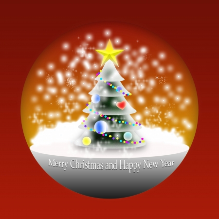 Snowy Christmas tree in the ball on a red backgroundの写真素材