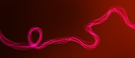 Dynamic particles sound wave flowing with dot light on red backgroundの写真素材