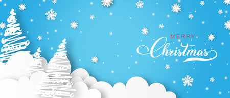 Winter christmas paper style in blue backgroundの写真素材