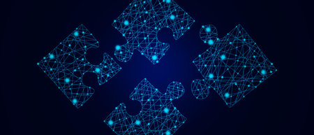 Futuristic glow low poly jigsaw puzzle pieces abstract background with space for text on dark blue