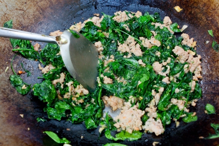 Fry vegetable,Melientha suavis Pierre , with porkの写真素材