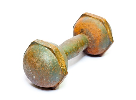 Old rusty dumbell on white backgroundの写真素材