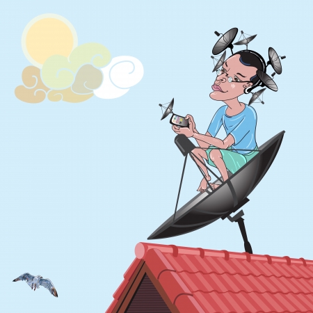 A man sitting on satellite dishe using communication by wear small satellite dishes on his headのイラスト素材