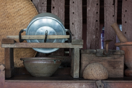 The utencils place on the cupboard in a kitchen in Thailandの写真素材